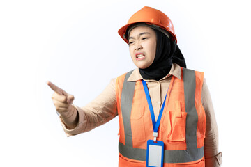 Young Asian female construction worker in hijab who looks very angry and wants to hit something, industrial and construction concept, isolated white background.