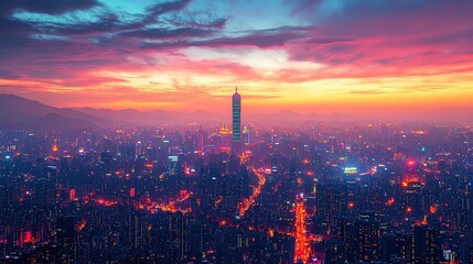 Fototapeta premium Cityscape at Sunset with Skyscrapers and Colorful Sky
