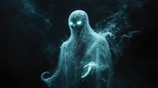 A ghostly figure with glowing eyes stands in front of a dark background