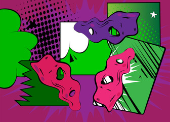 Cartoon green and purple background, comic book abstract backdrop. Retro vector comics pop art design.