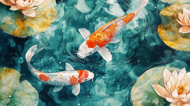 Elegant Koi Fish Swimming in Serene Aquatic Floral Landscape