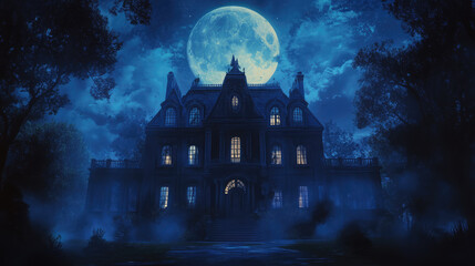A haunted mansion illustration with a full moon and ghostly figures in the windows.