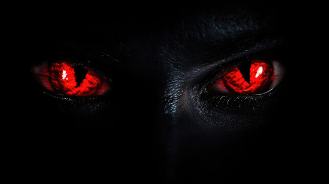 These hauntingly bright red eyes stand out starkly against the dark background, creating a chilling effect that draws attention and sparks intrigue.