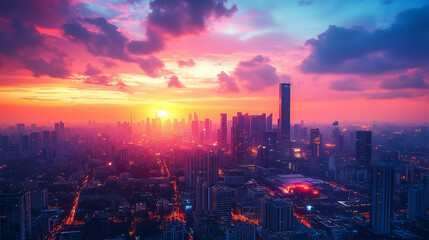 Fototapeta premium Futuristic city skyline at dusk.