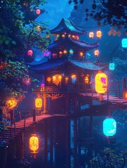 Enchanting Nighttime Scene of Ornate Asian Temple with Glowing Lanterns and Lush Foliage