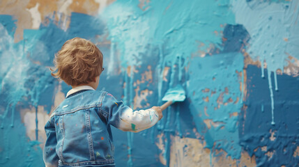 Obraz premium 大きな壁に色を塗る少年二Generative AI