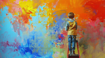 大きな壁に色を塗る少年三Generative AI