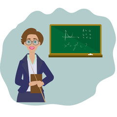 Teacher's Day. The teacher is near the blackboard. A woman with glasses and a jacket