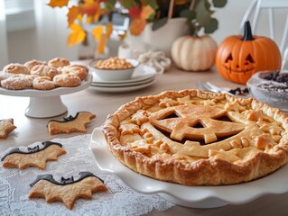 Halloween-themed apple pie with a spooky jack-o-lantern face