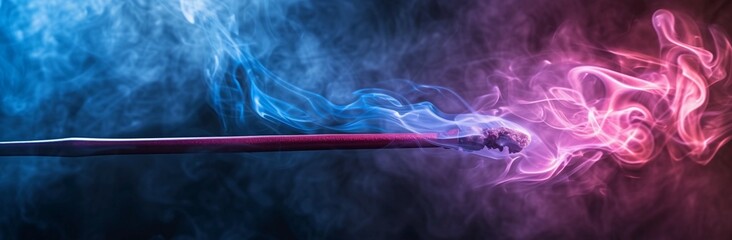 Fototapeta premium A vivid and dramatic portrayal of a magical wand, set against a dark, smoky background. The wand is the central focus, with its tip glowing in a radiant pink hue, contrasting sharply with the surround