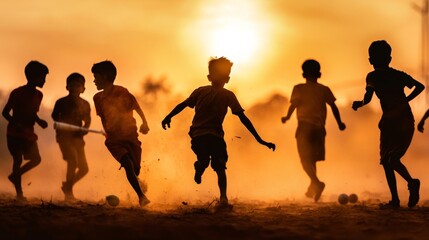A Silhouette of cricket match in India, with children playing passionately in a dusty field, showcasing the country's love for the sport