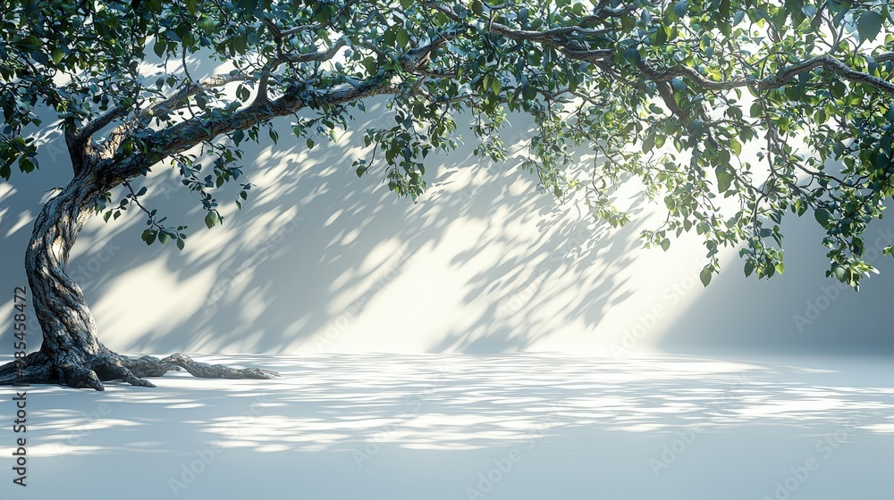 Poster tree branches with sunlight and shadows on a white background