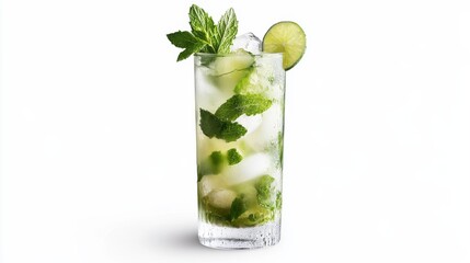 A tall, sleek highball glass filled with a vibrant mojito, complete with fresh mint leaves, lime wedges, and ice cubes. The refreshing green tones contrast against the white transparent background.