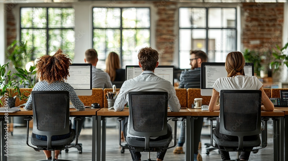 Poster diverse team working at computers in modern office