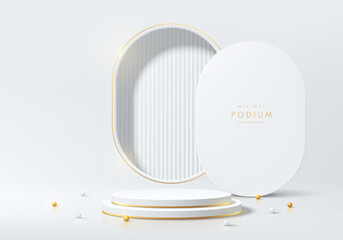 Realistic white 3D cylindrical podium background with round window wall scene, Golden ball. Minimalist mockup pedestal, Abstract product display presentation, Stage showcase. Platforms vector design.