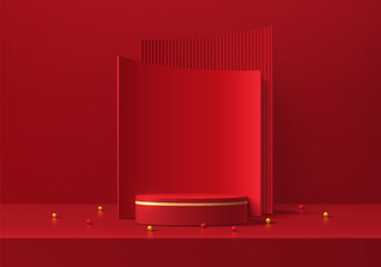 Realistic 3D red cylindrical podium background with gold balls, curve backdrop scene. Chinese new year. Minimal mockup or abstract product display presentation, Stage showcase. Platforms vector design