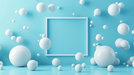 3D Abstract Flying Spheres with Frame on Blue Background 