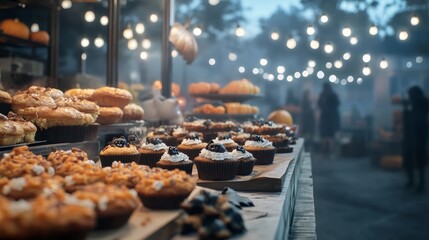 Fototapeta premium Haunted bakery stall selling spooky ghost cupcakes bat-themed cookies
