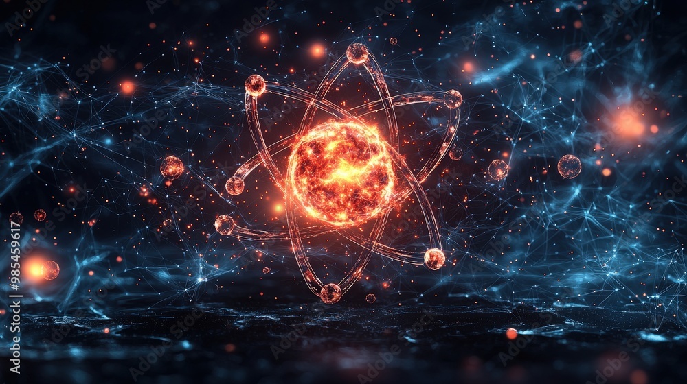 Poster abstract atomic structure with glowing particles and network connections