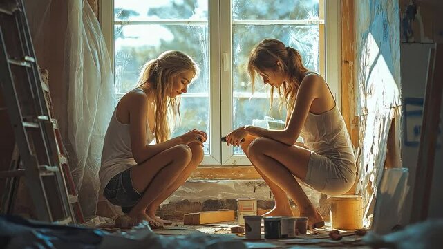 Contented young ladies fixing things in their new home