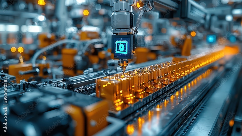 Aufkleber automated factory production line with robotic arm and glass bottles