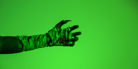 A bloodied witch hand wrapped in bandages, set against a green fire background. This demonic hand blends elements of vampires,aliens, and ghosts, evoking a spooky, monstrous feel perfect Halloween © R Photography