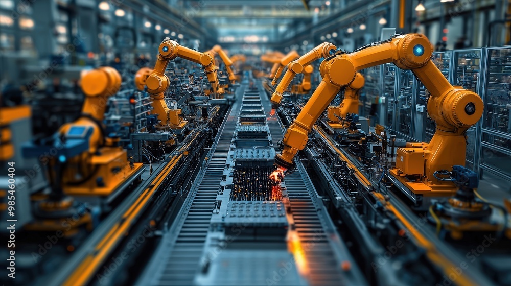 Poster industrial robots working on assembly line in factory