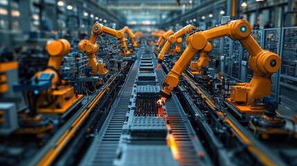 Industrial Robots Working on Assembly Line in Factory
