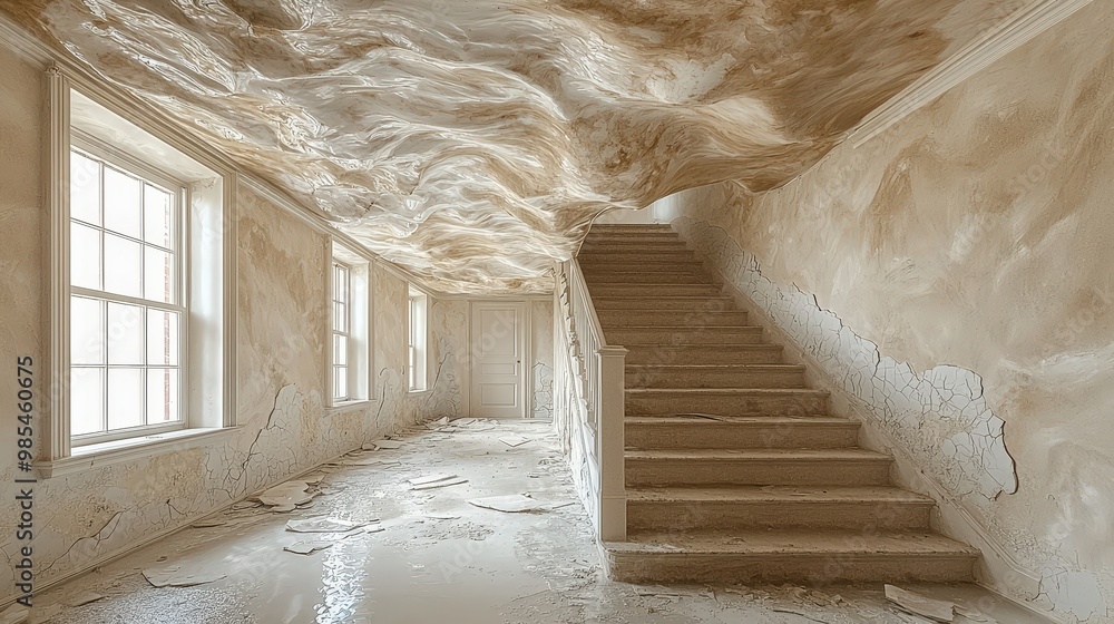 Wall mural abandoned house interior with peeling paint and stairs