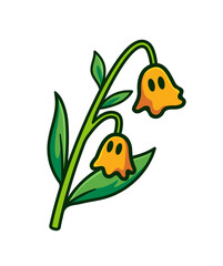 Yellow Flower with Ghostly Faces Surrounded by Green Leaves Cartoon Vector Illustration
