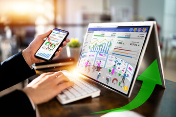 A company’s path to business growth visualized through data analytics and financial metrics, illustrating key performance insights across sales, marketing, and operations in a competitive landscape.