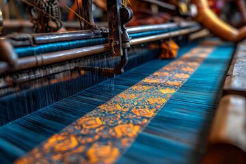 A skilled beautiful woman Indian weaver creating intricate patterns on a traditional silk sari using a large handloom in a vibrant workshop