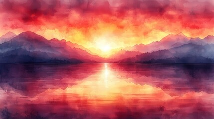 Fototapeta premium Watercolor Sunset Landscape with Mountain Reflections in Lake