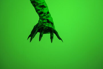 A bloodied witch hand wrapped in bandages, set against a green fire background. This demonic hand...