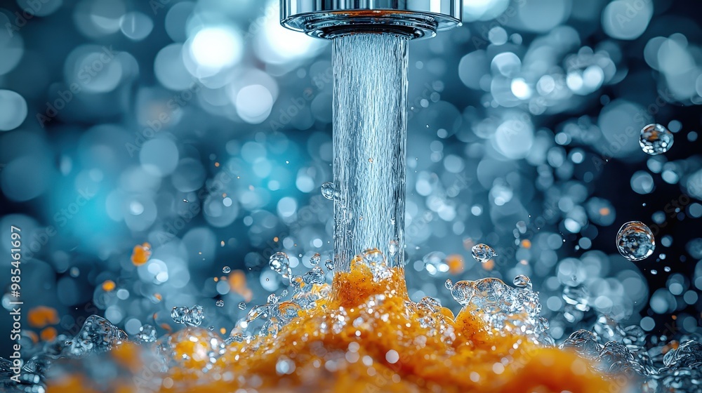 Poster water flowing from faucet with splash and bokeh background