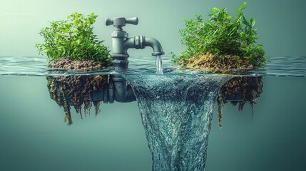 Water Faucet Pouring Water into Green Islands