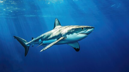 Fototapeta premium A stunning shot of a shark swimming silently through the deep blue ocean, its powerful body moving with grace and precision