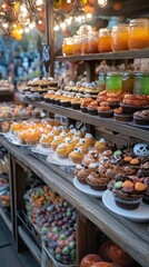 Fototapeta premium Haunted food stall offering spooky ghost-themed cupcakes glowing witchs brew punch