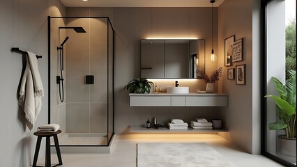 A chic bathroom featuring a modern shower and vanity combines style and functionality, creating a luxurious space for relaxation and personal care with sleek finishes and contemporary design.