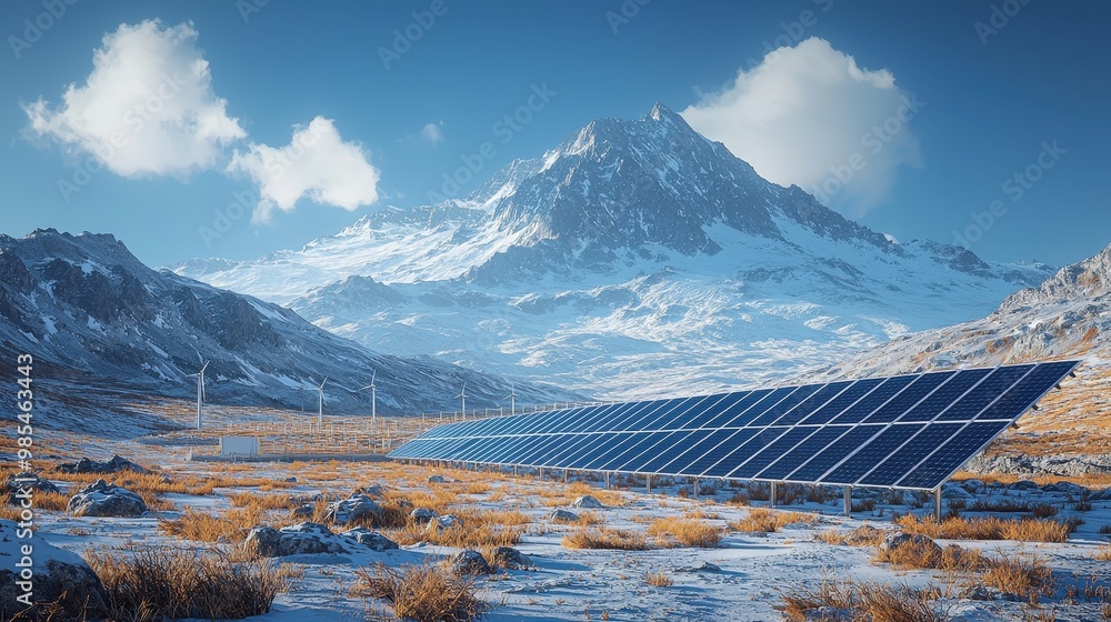 Wall mural Solar Panels in Snowy Mountain Landscape