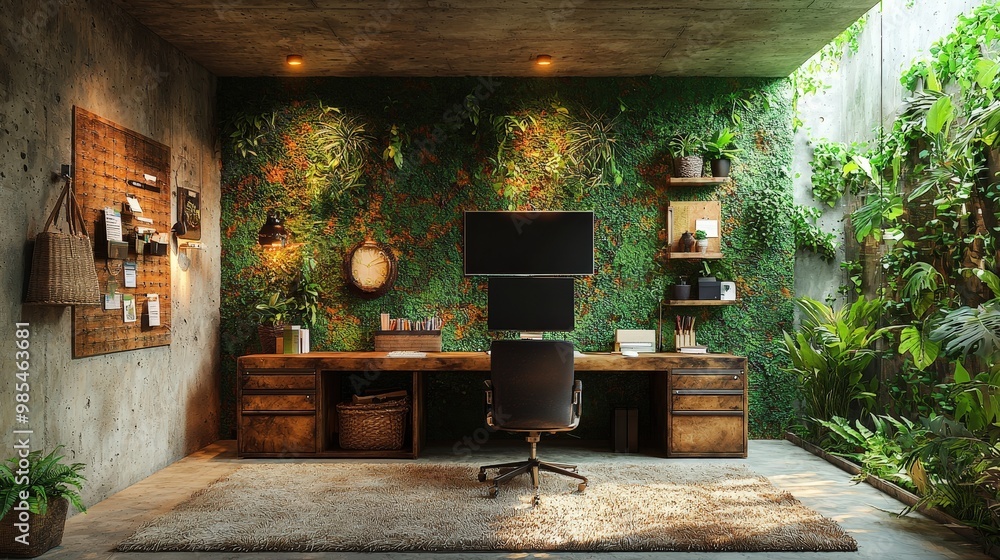 Wall mural Modern Home Office with Green Wall and Natural Light