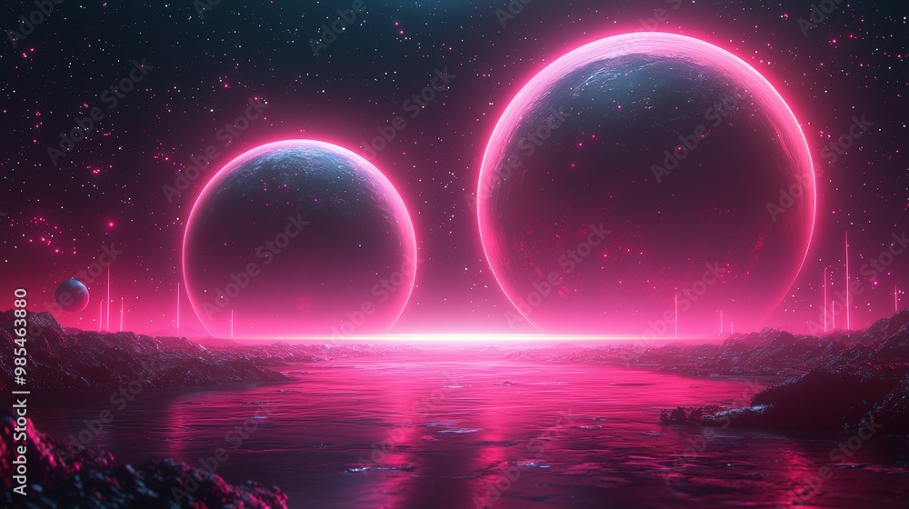 Sticker pink neon glow planets landscape night sky