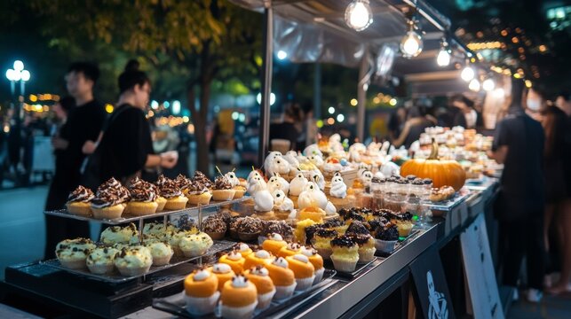 Haunted food vendor selling spooky ghost-themed cupcakes glowing pumpkin pies