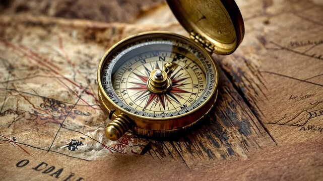 Exploring the history of navigation with an antique compass on an aged map
