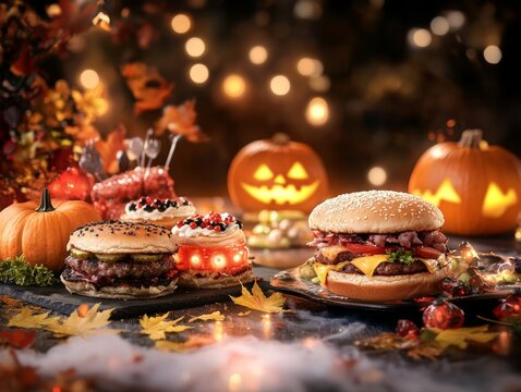 Haunted Halloween feast featuring spooky monster-themed burgers glowing eyeball jellies