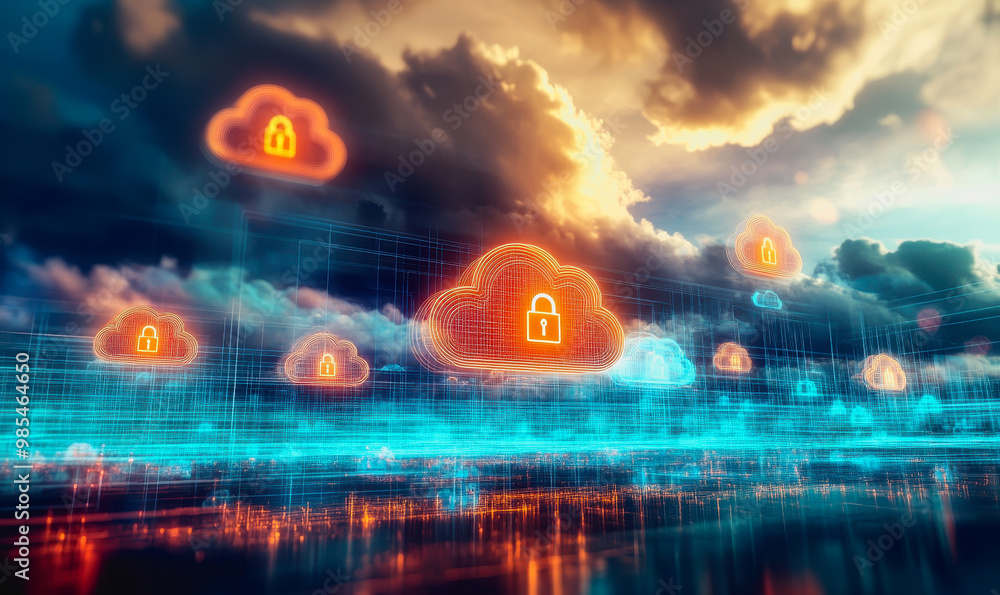Aufkleber glowing secure cloud icons connected in a digital futuristic landscape with data transfer lines