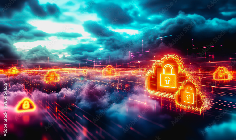 Aufkleber glowing secure cloud icons connected in a digital futuristic landscape with data transfer lines