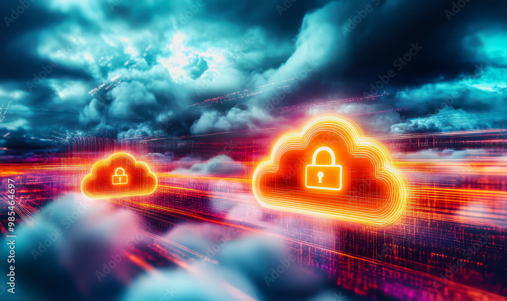 Poster glowing secure cloud icons connected in a digital futuristic landscape with data transfer lines