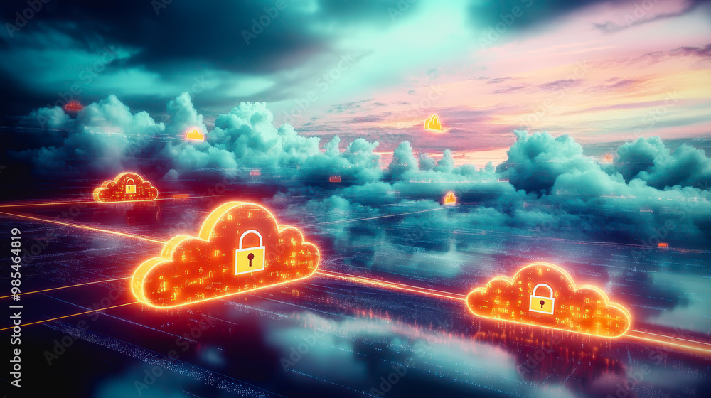 Poster glowing secure cloud icons connected in a digital futuristic landscape with data transfer lines
