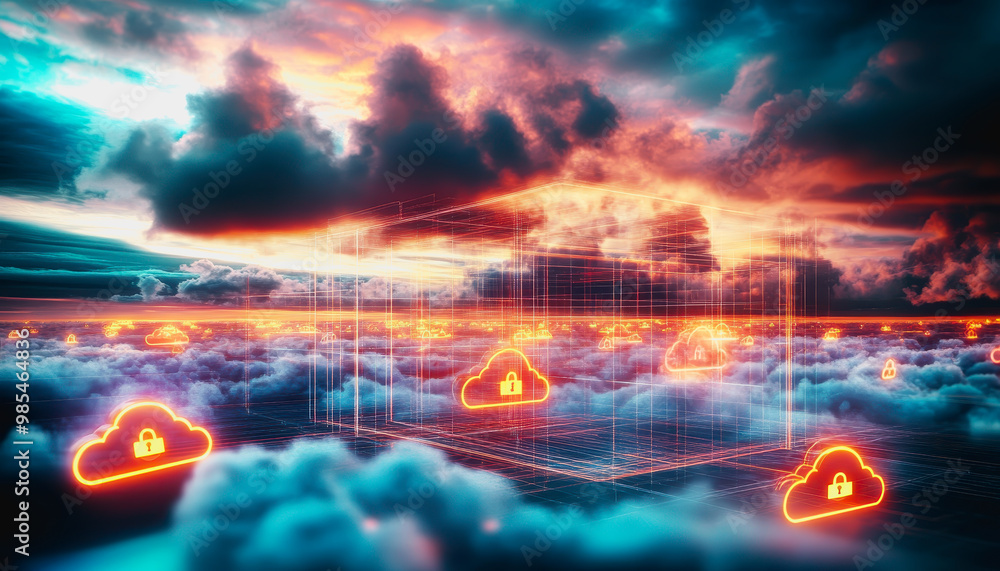 Poster glowing secure cloud icons connected in a digital futuristic landscape with data transfer lines